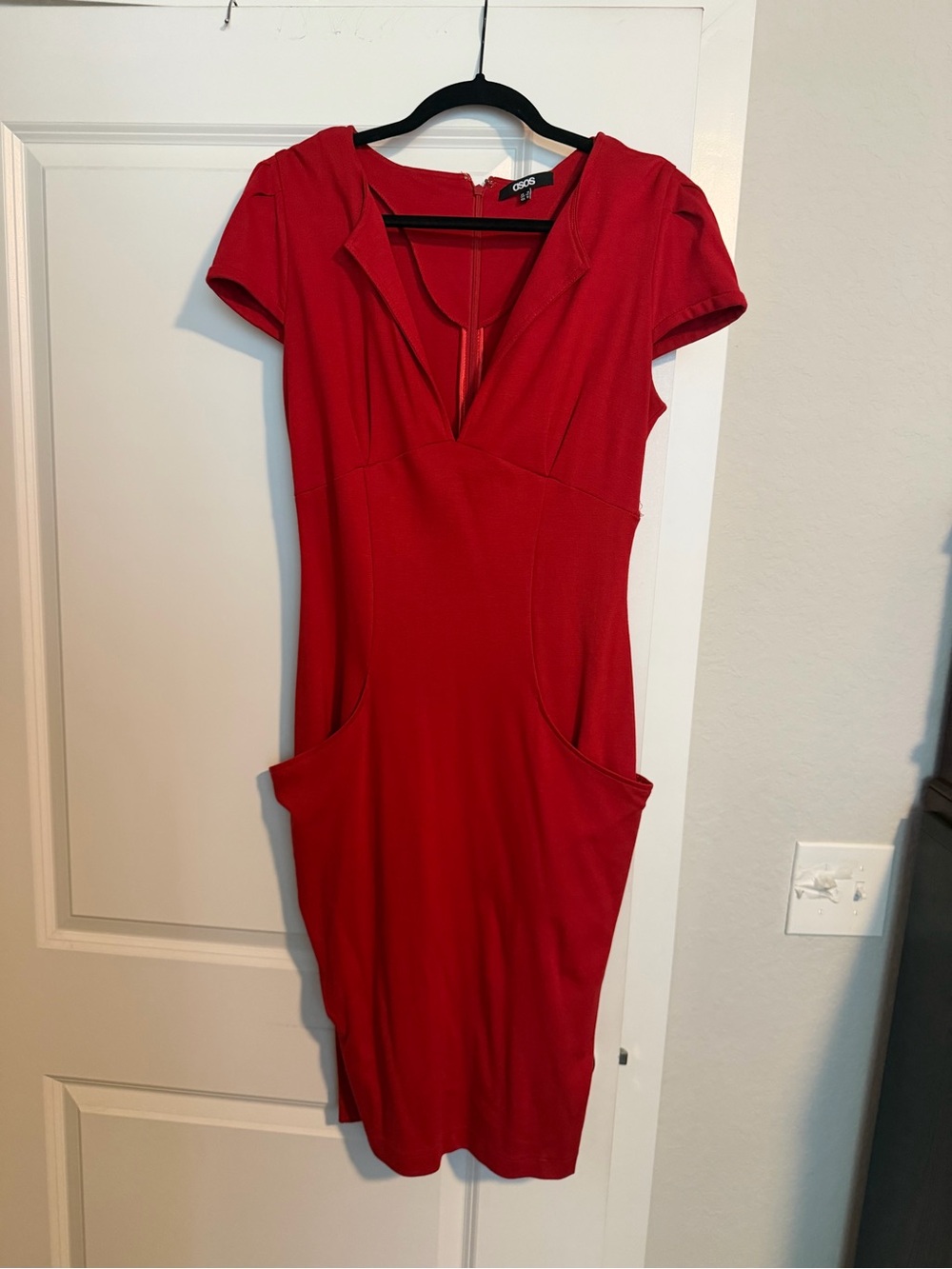 ASOS Red Midi Bodycon Dress with V-Neck